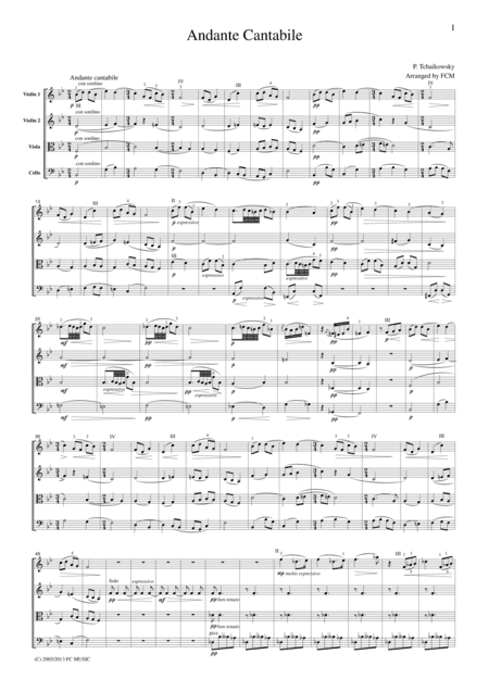 Tchaikowsky  Andante Cantabile, String Quartet No.1, 2nd mvt., for string quartet, CT004 (arr. FCMUSIC)