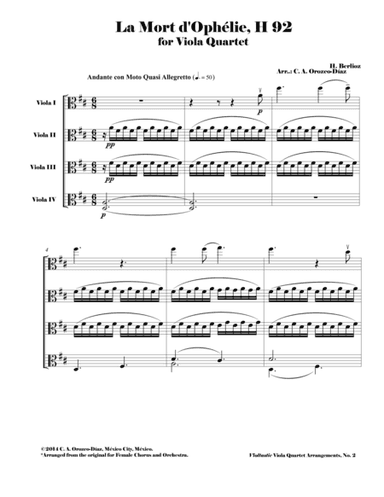 Berlioz - La Mort d'Ophelie, H. 92 - Viola Quartet Arrangement (SCORE AND PARTS) (arr. C. A. Orozco-Diaz)