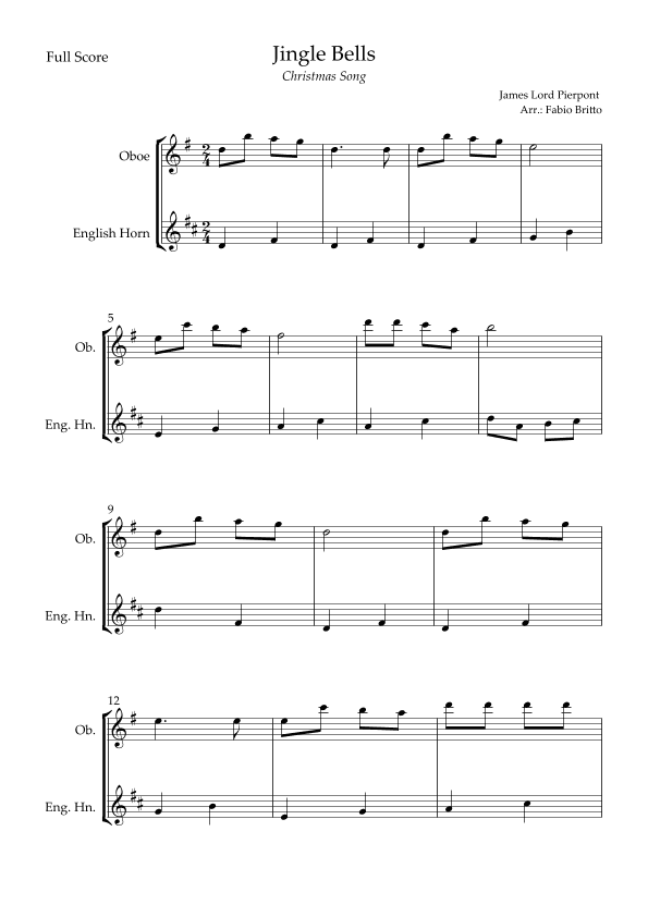 Jingle Bells (Christmas Song) for Oboe & English Horn Duo (arr. Fabio Britto)