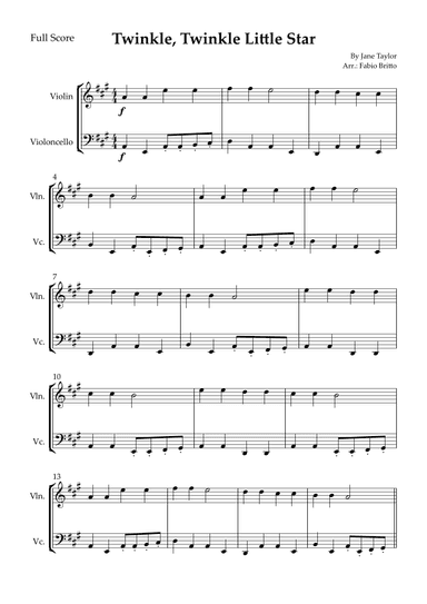 Twinkle, Twinkle Little Star for Violin & Cello Duo (arr. Fabio Britto)