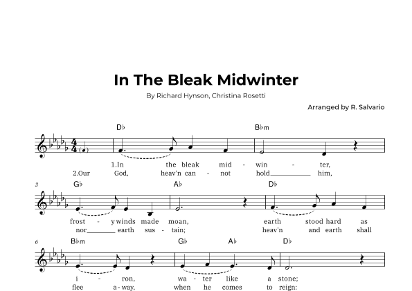 In The Bleak Midwinter (Key of D-Flat Major) (arr. R. Salvario)