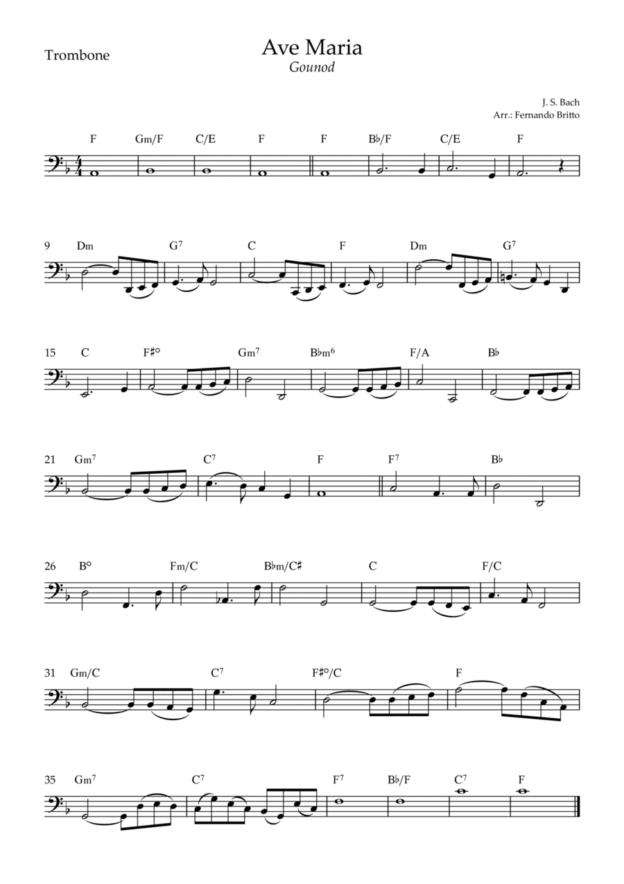 Ave Maria (Gounod) for Trombone Solo with Chords (F Major) (arr. Fernando Britto)