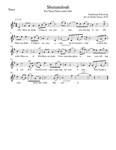 Shenandoah for Tenor Voice and Cello (arr. Katherine L Fraser)