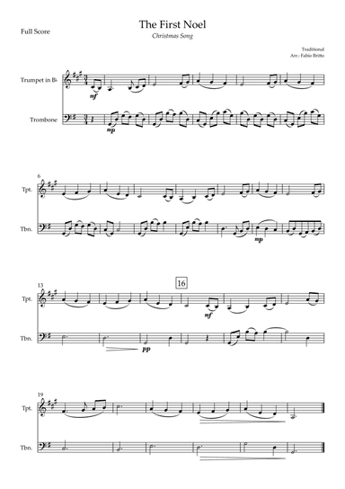 The First Noel (Christmas Song) for Trumpet in Bb & Trombone Duo (arr. Fabio Britto)