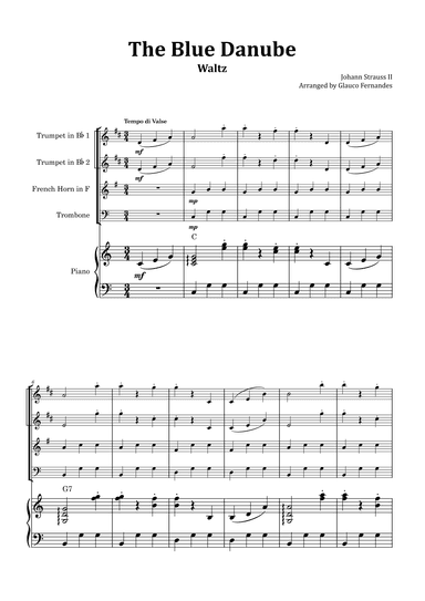 The Blue Danube - Brass Quartet with Piano and Chord Notations (arr. Glauco Fernandes)