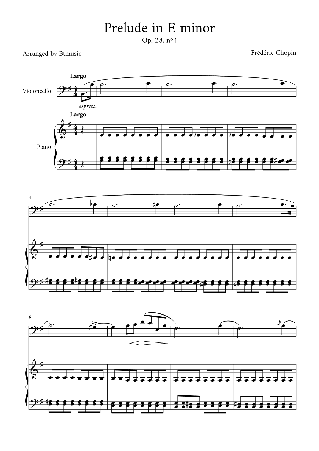 Prelude in E minor (Op. 28, n.4) - Cello and Piano (arr. BTmusic)