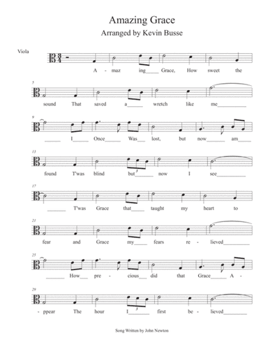 Amazing Grace - (In the easy key of C) - Viola (arr. Kevin Busse)