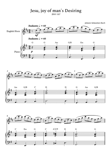 Jesu, joy of man's Desiring for English Horn and Piano (With Chords) - Score and Parts (arr. Cássio Silva Chaves)