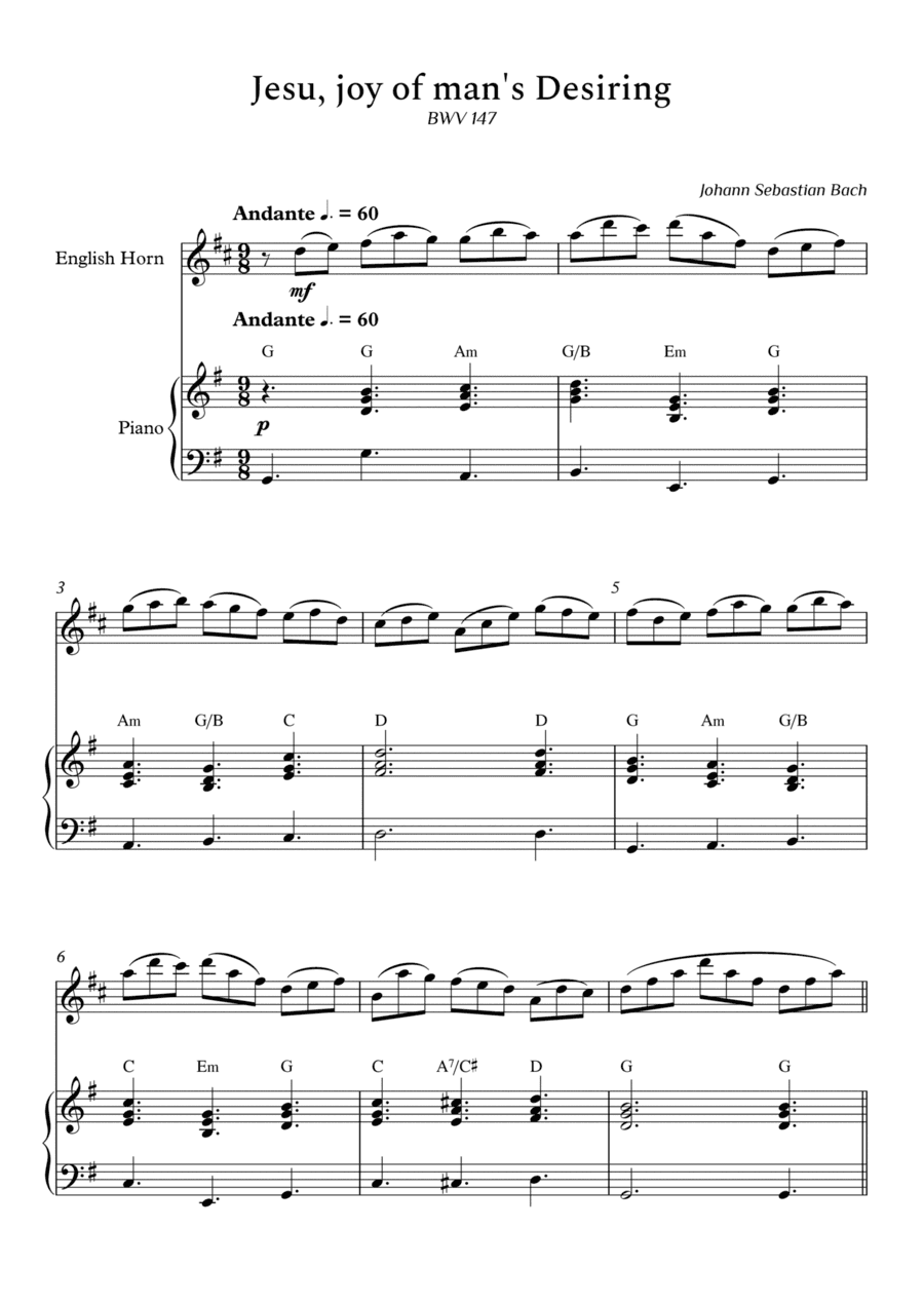 Jesu, joy of man's Desiring for English Horn and Piano (With Chords) - Score and Parts (arr. Cássio Silva Chaves)