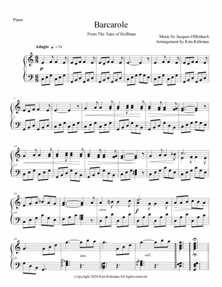 Barcarole from Tales of Hoffman arranged for solo piano (C major) (arr. Kim Kirkman)