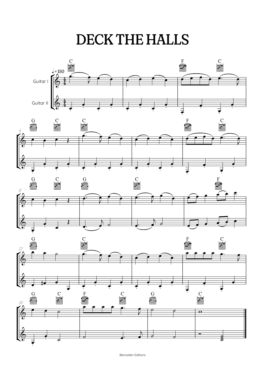 Deck the Halls acoustic guitar duet • easy Christmas song sheet music with chords (arr. Benzaiten Editions)