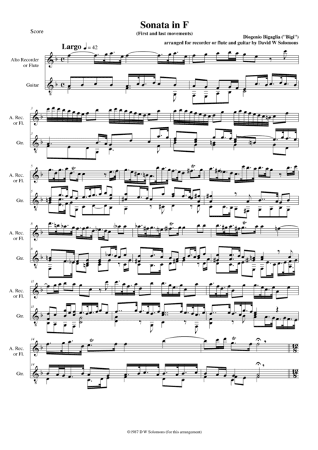 Sonata in F (1st and last movements) for alto recorder or flute and guitar (arr. David Warin Solomons)