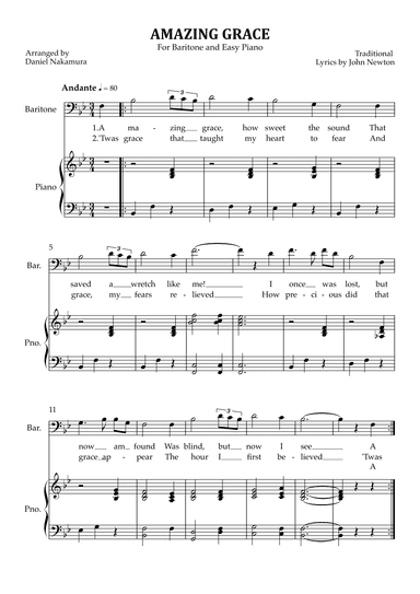 Amazing Grace (for baritone vocal with easy piano) (arr. Daniel Nakamura)