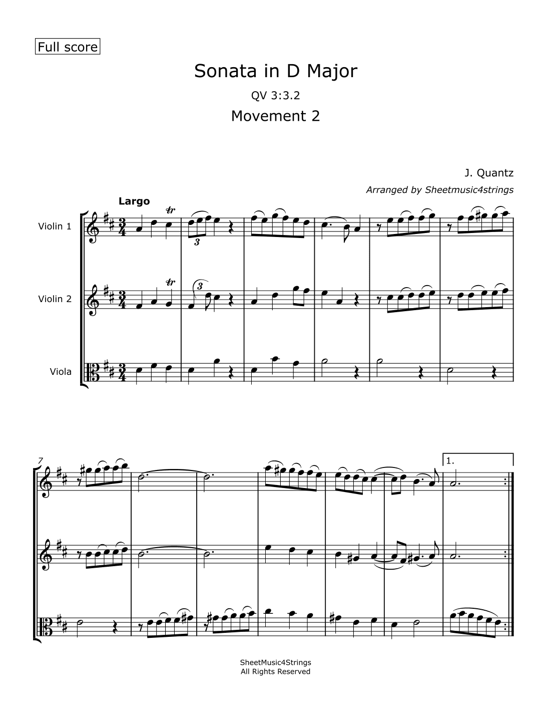 Quantz, J. - Sonata in D (Mvt. 2) for Two Violins and Viola (arr. Linda M. Scott)