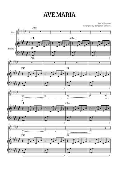 Bach / Gounod Ave Maria in F sharp major [F#] • alto sheet music with piano accompaniment and chords (arr. Benzaiten Editions)