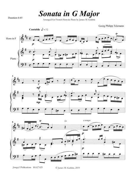 Telemann: Four Sonatas for French Horn & Piano (arr. James Guthrie, ASCAP)