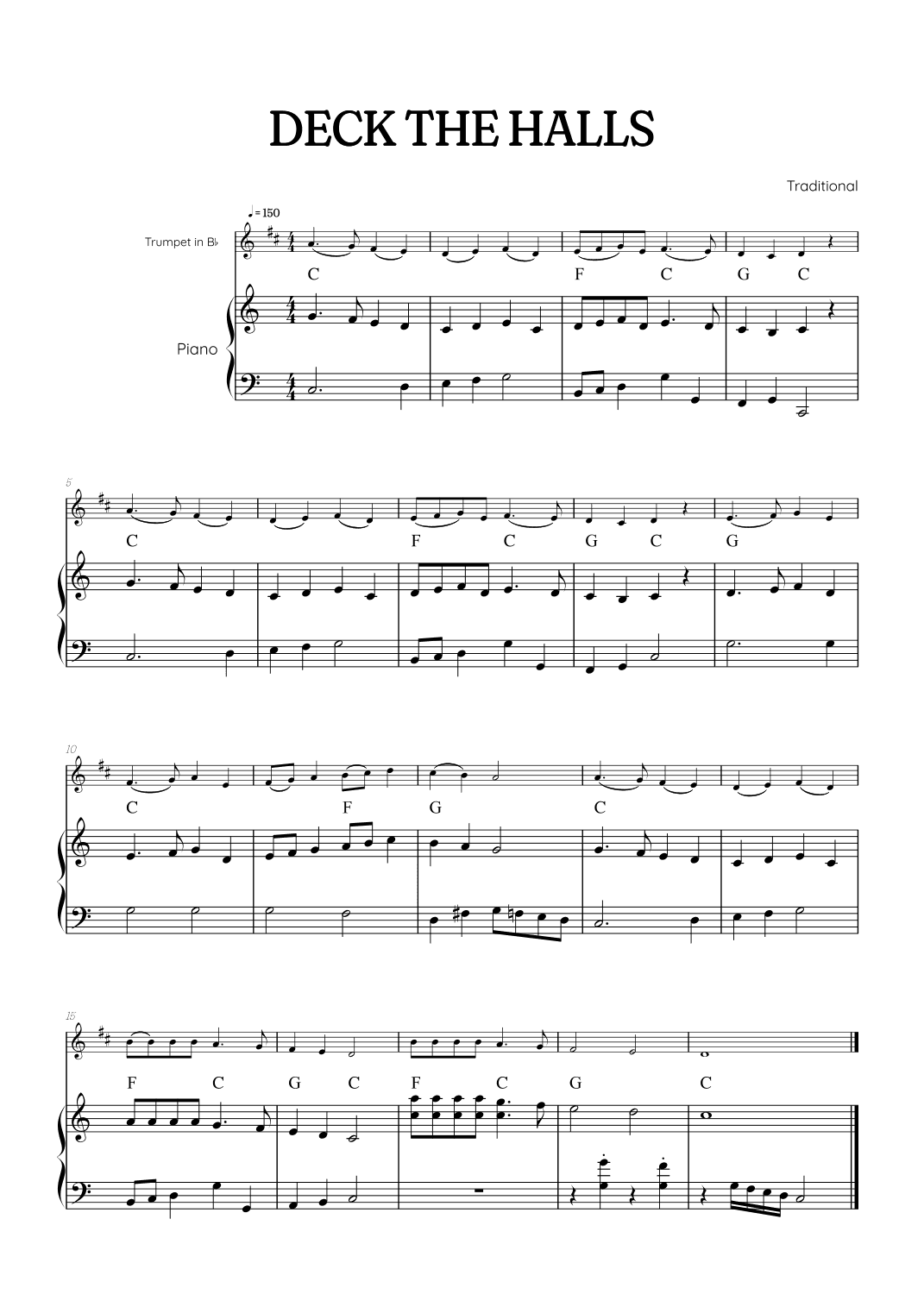 Deck the Halls for trumpet with piano accompaniment • easy Christmas song sheet music with chords (arr. Benzaiten Editions)