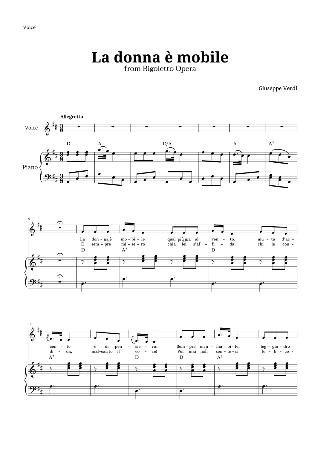 La donna è mobile in D major for Voice and Piano (arr. Langanho)