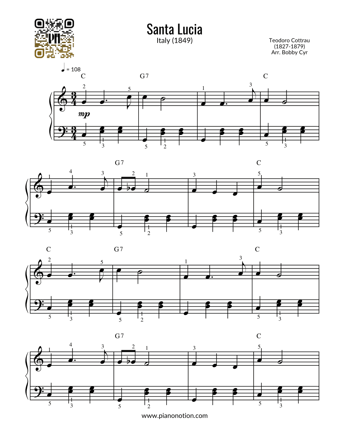 Santa Lucia - Teodoro Cottrau (Easy Piano) (arr. Bobby Cyr - Piano Notion)
