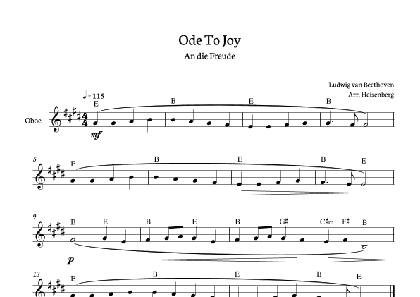 Beethoven - Ode To Joy for oboe in E with chords (arr. Heisenberg)