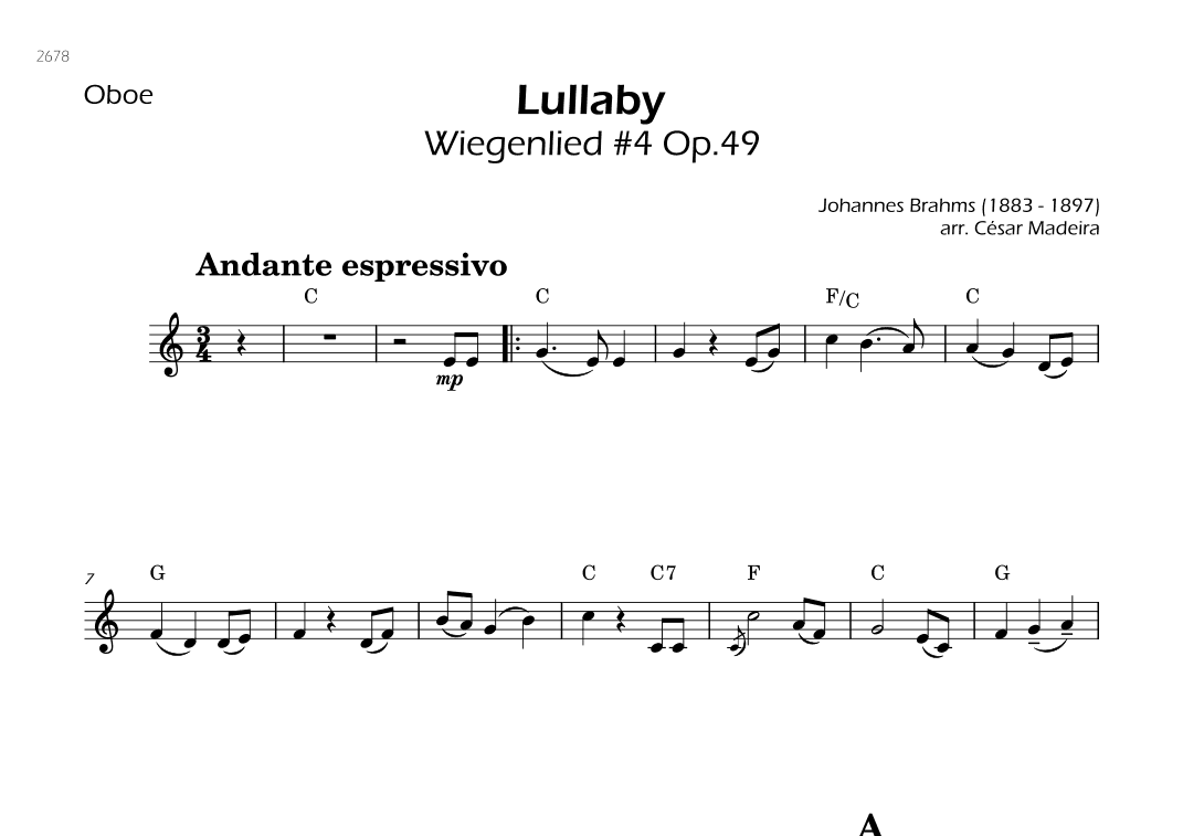 Brahms' Lullaby - Oboe Solo - W/Chords (arr. César Madeira)