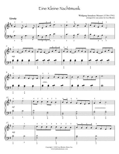Mozart - Eine Kleine Nachtmusik (A Little Night Music), easy piano (arr. Len Rhodes)