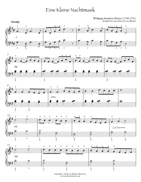 Mozart - Eine Kleine Nachtmusik (A Little Night Music), easy piano (arr. Len Rhodes)