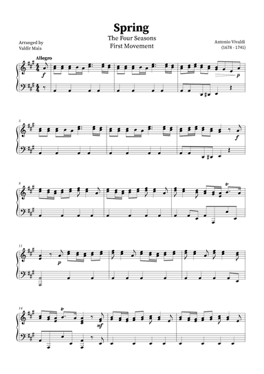 Spring - The Four Seasons | Piano Intermediate Sheet Music in A Major (arr. Valdir Maia)