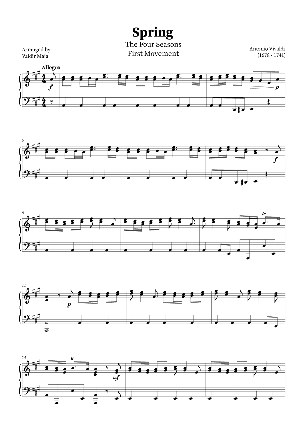 Spring - The Four Seasons | Piano Intermediate Sheet Music in A Major (arr. Valdir Maia)