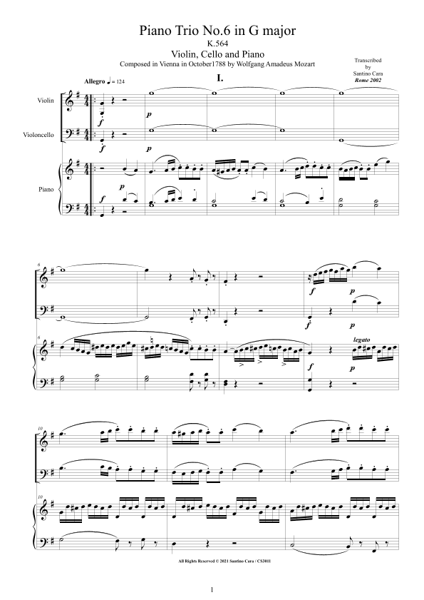 Mozart - Piano Trio No.6 in G major K.564 for Violin, Cello and Piano - Full score and Parts (arr. Santino Cara)