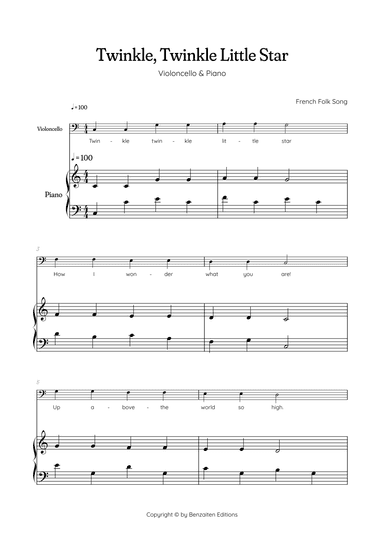 Twinkle, Twinkle Little Star • Easy violoncello sheet music with easy piano accompaniment (arr. Benzaiten Editions)