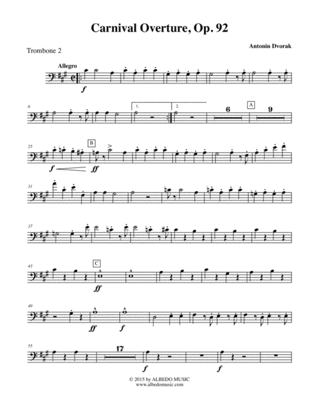 Dvorak Carnival Overture - Trombone Bass Clef 2 (Transposed Part), Op.92 (arr. Doug Clyde)