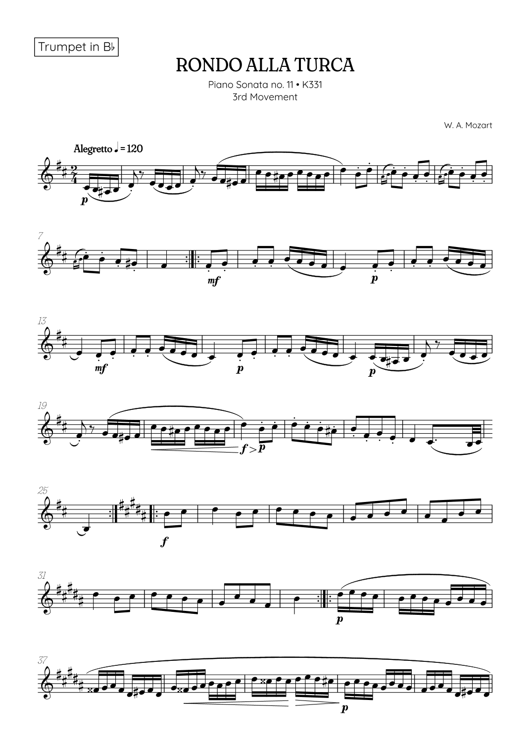 Rondo Alla Turca (Turkish March) • trumpet sheet music (arr. Benzaiten Editions)