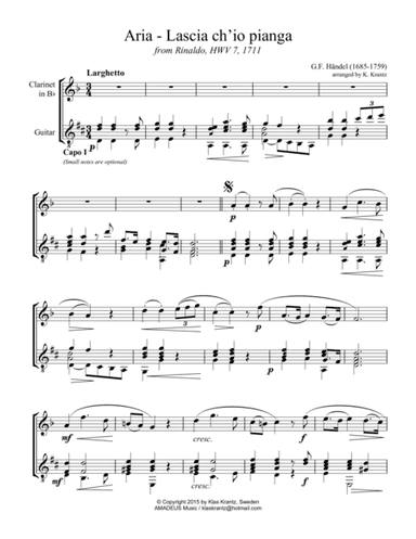 Aria - Lascia ch'io pianga for clarinet in Bb and guitar (arr. Amadeus Music)