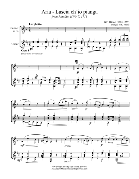 Aria - Lascia ch'io pianga for clarinet in Bb and guitar (arr. Amadeus Music)