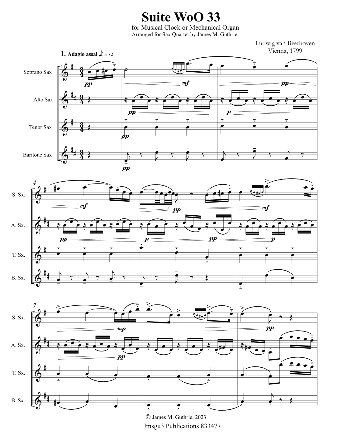 Beethoven: Suite WoO 33 for Saxophone Quartet - Score Only (arr. James M. Guthrie, ASCAP)