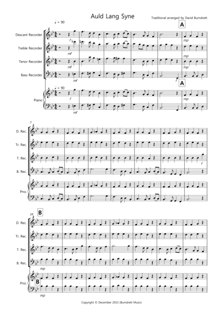 Auld Lang Syne for Recorder Quartet (arr. David Burndrett)