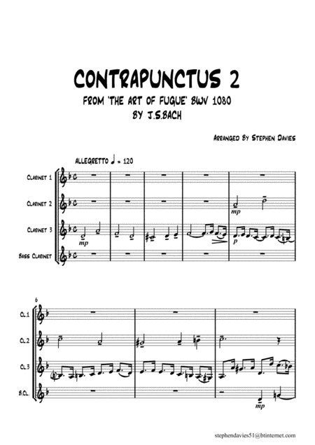 'Contrapunctus 2' By J.S.Bach BWV 1080 from 'The Art of the Fugue' for Clarinet Quartet. (arr. Stephen Davies)