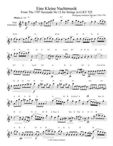 Mozart 1787 KV 525 Eine Kleine Nachtmusik Fakecharts Chords Flute Clarinet or Bassoon Solo (arr. R G Roth)