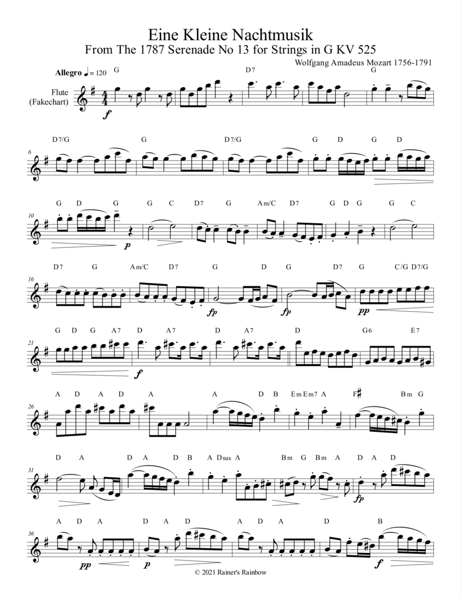 Mozart 1787 KV 525 Eine Kleine Nachtmusik Fakecharts Chords Flute Clarinet or Bassoon Solo (arr. R G Roth)