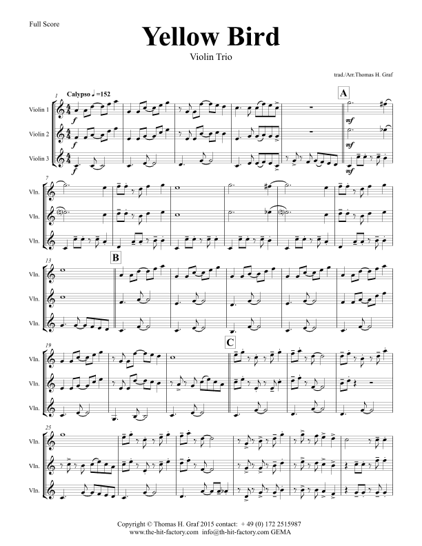 Yellow Bird - Haitian Folk Song Calypso - Violin Trio (arr. Thomas Graf)