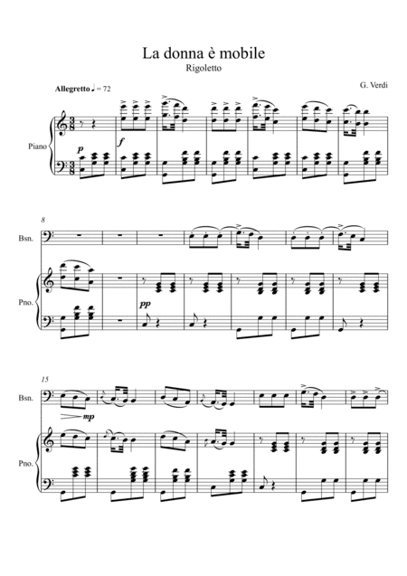 Giuseppe Verdi - La donna e mobile (Rigoletto) Bassoon Solo - C Key (arr. André Laitano)
