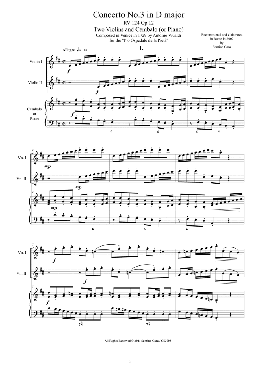 Vivaldi - Concerto No.3 in D major Op.12 RV 124 for Two Violins and Cembalo (or Piano) (arr. Santino Cara)