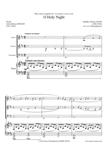 Cantique de Noel; O Holy Night - 2 Violins, Cello and Piano - D Major (arr. Anne L Christopherson GRSM ARCM)
