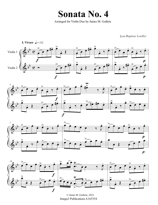 Loeillet: Sonata No. 4 for Violin Duo (arr. James M. Guthrie)