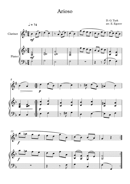 Arioso, Daniel Gottlob Turk, For Clarinet & Piano (arr. Eugene Egorov)