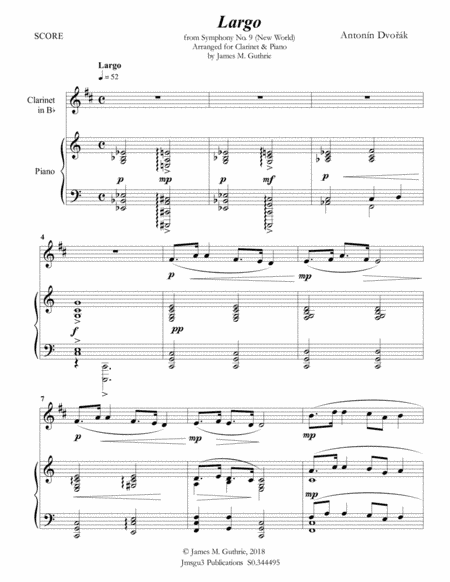 Dvorák: Largo from the New World Symphony for Clarinet & Piano (arr. James M. Guthrie, ASCAP)