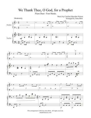We Thank Thee, O God, for a Prophet (late elementary student/teacher piano duet) (arr. Anne M Britt)