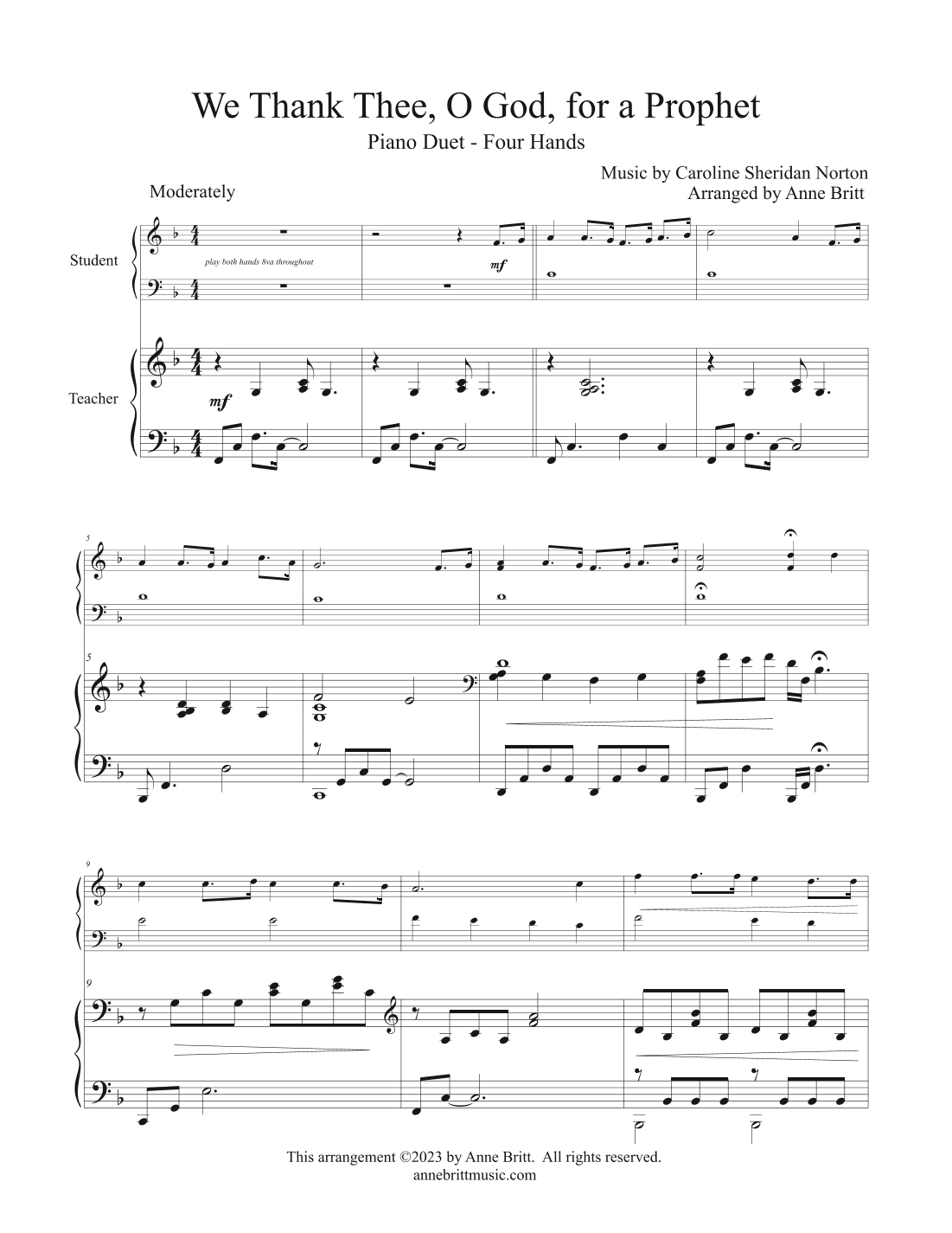 We Thank Thee, O God, for a Prophet (late elementary student/teacher piano duet) (arr. Anne M Britt)