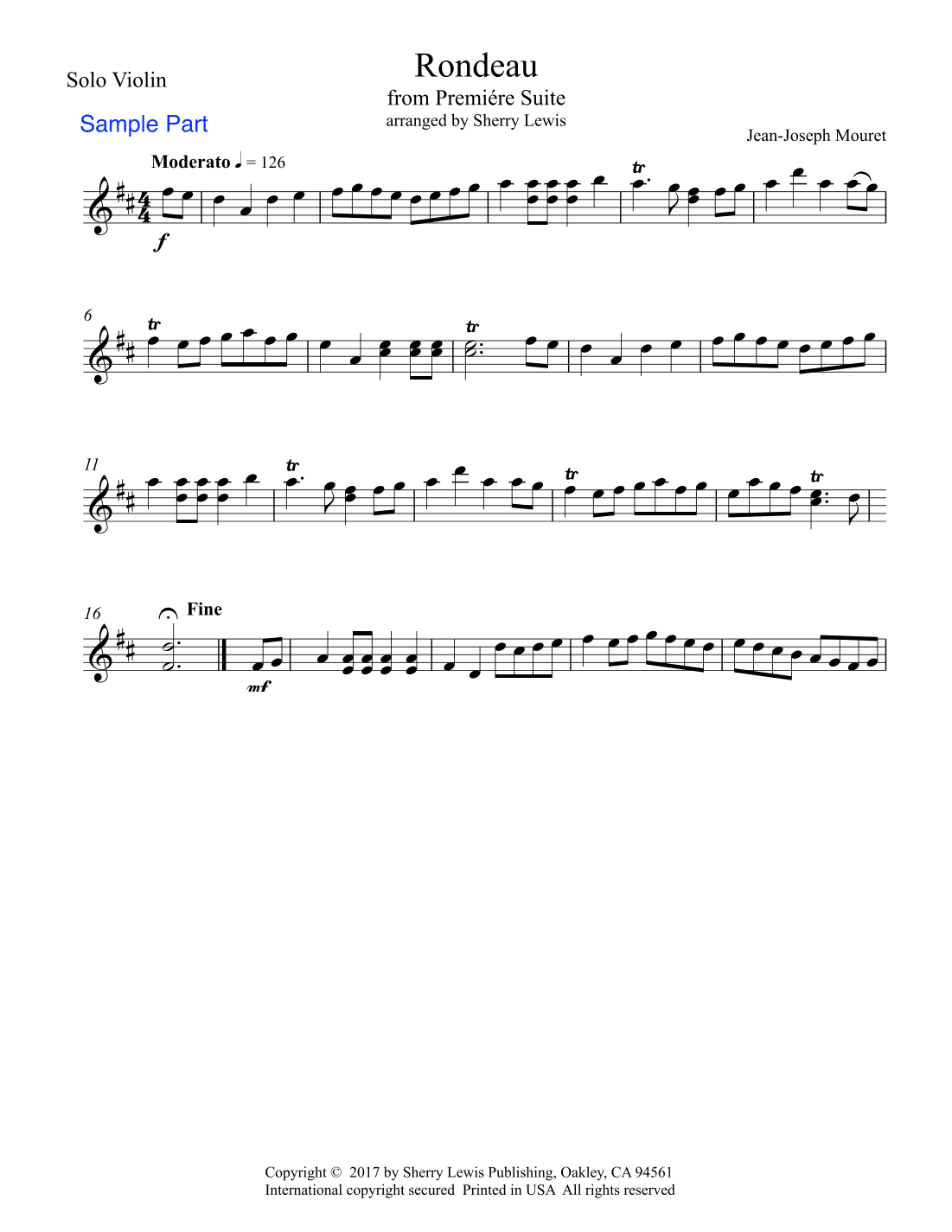 RONDEAU by Mouret, Violin Solo, Intermediate Level (arr. Sherry Lewis)